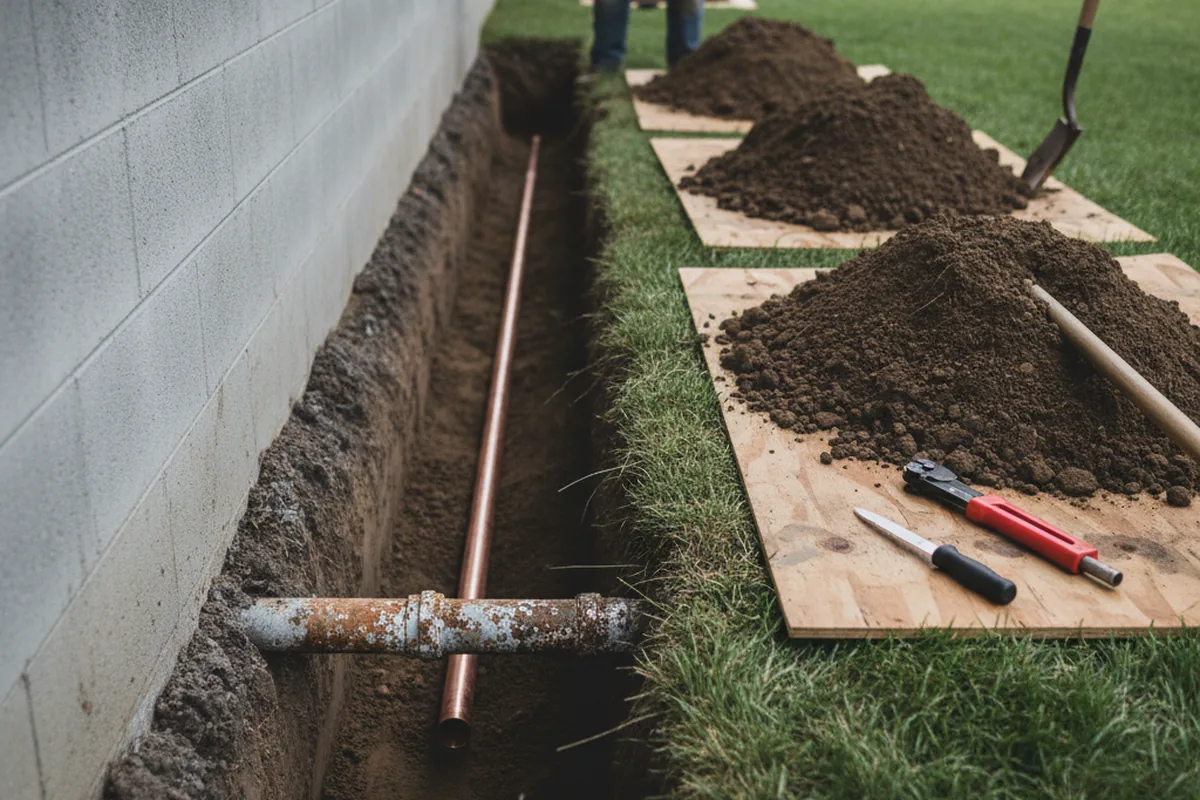 Excavated water line trench during Sewer Line Repair in Bessemer City